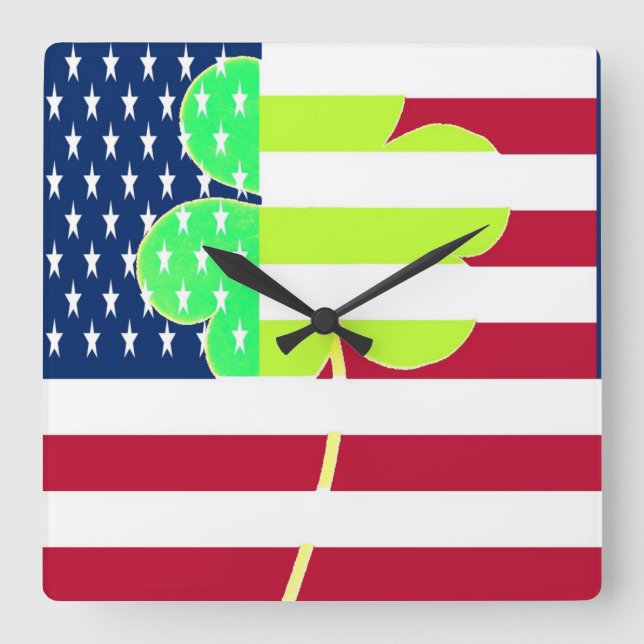 Horloge Carrée Shamrock du drapeau irlandais-américain Clover St. (Recto)