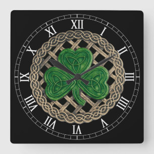 Horloge Carrée Shamrock noir & noeuds celtiques Numéros romains H