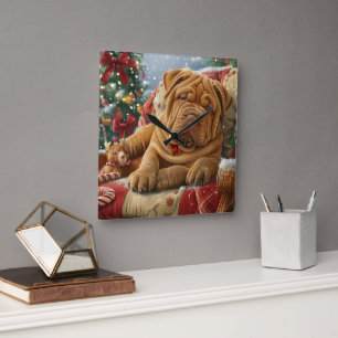 Horloge Carrée Shar Pei Chien Festif de Noël