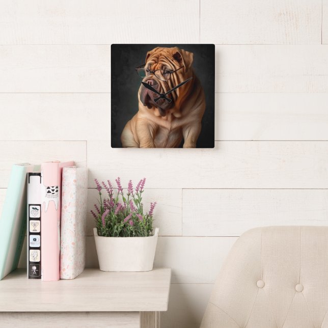 Horloge Carrée Shar Pei Chien intelligent avec conception de livr (Salle de lecture)