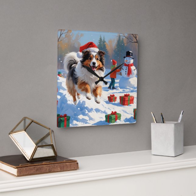 Horloge Carrée Shetland Sheepdog Courir La Neige Avec Le Casquett (Bureau)