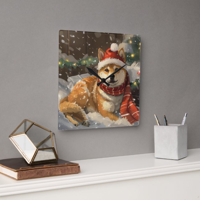 Horloge Carrée Shiba Inu Chien Festive de Noël (Bureau)