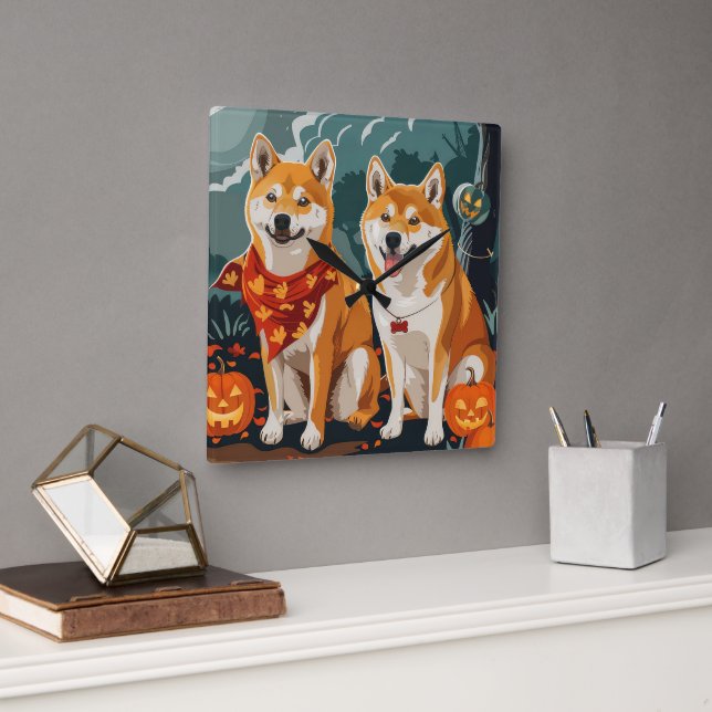 Horloge Carrée Shiba Inu Halloween Éffrayant (Bureau)