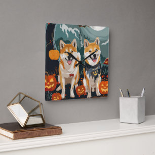 Horloge Carrée Shiba Inu Halloween Épouvantable