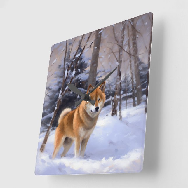 Horloge Carrée Shiba Inu Laissez Neige Noël (Angle)