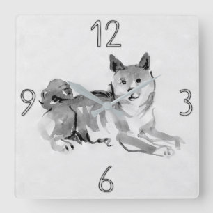 Horloge Carrée Shiba Inu Peinture originale Chien Année Anniversa