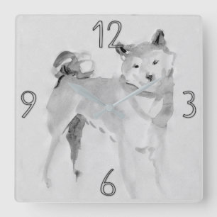 Horloge Carrée Shiba Inu Peinture originale Chien Année Anniversa