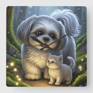 Horloge Carrée Shih Tzu et l'horloge murale chaton enchantée