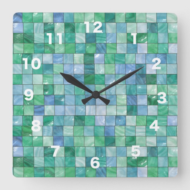 Horloge Carrée Shiny Blue Green Faux Glass Block Tile Mosaic (Recto)