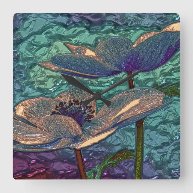 Horloge Carrée Shiny metallizer blue flower wall clock (Recto)