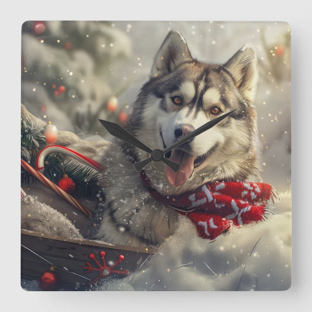Horloge Carrée Sibérie Husky Chien Festif de Noël (Recto)