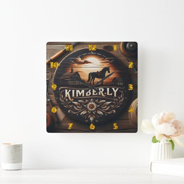 Horloge Carrée SIGNE EN BOIS Afficher Le Thème Kimberly Country (Maison)