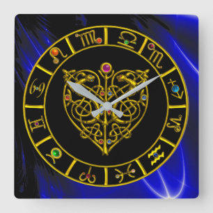 Horloge Carrée SIGNES ZODIAQUES EN BLEU, OR ASTRAL HEART Astrolog