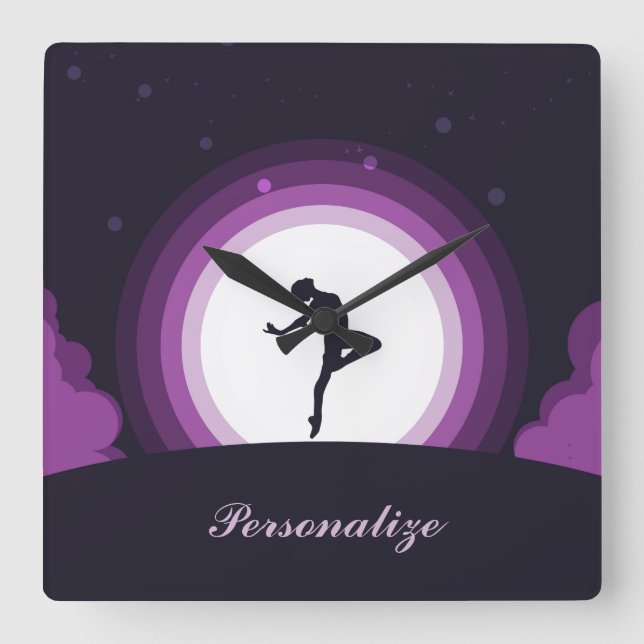Horloge Carrée Silhouette Ballet Dancer Surreal Moon Personnalise (Recto)