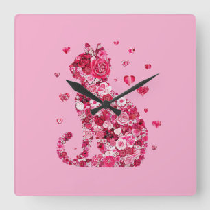 Horloge Carrée Silhouette Chat Floral ArtFaux Toile Enveloppée Im