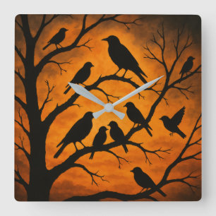 Horloge Carrée Silhouette d'arbre aux oiseaux