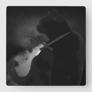 Horloge Carrée Silhouette de lune de chats noirs