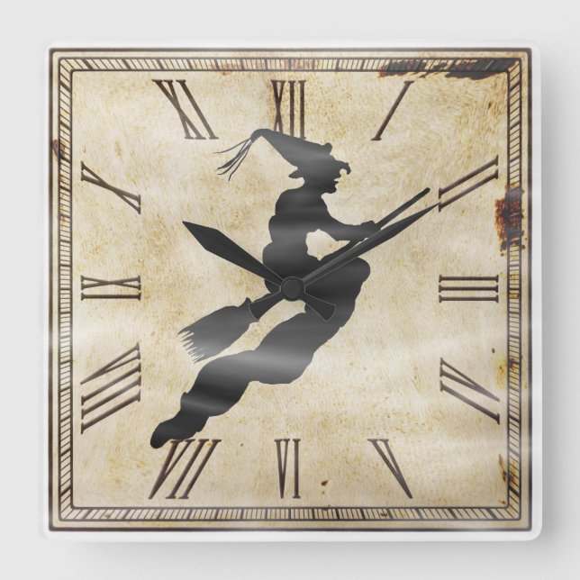Horloge Carrée Silhouette de sorcière d'Halloween | Face d'horlog (Recto)