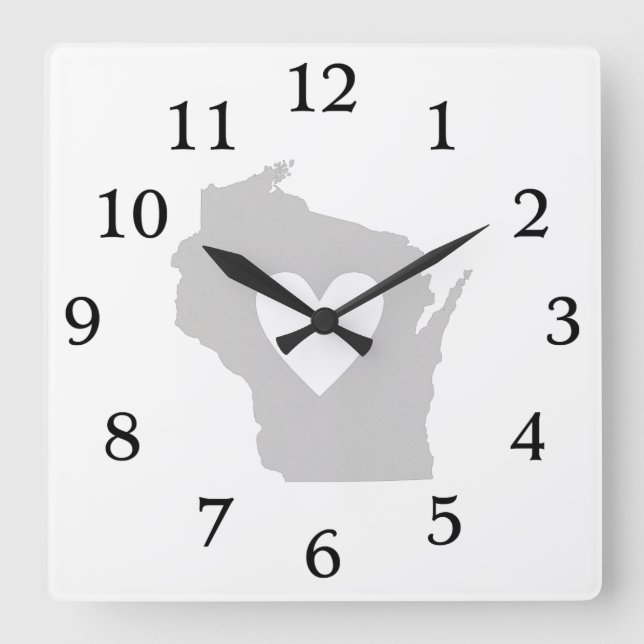 Horloge Carrée Silhouette d'état Heart Wisconsin (Recto)
