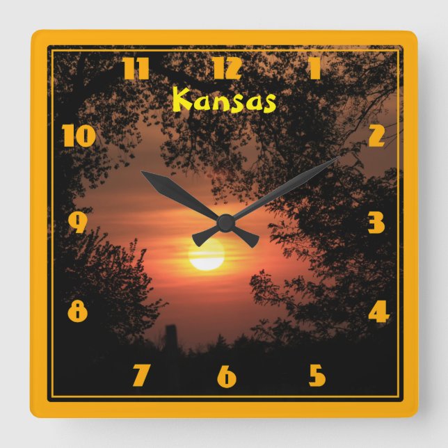 Horloge Carrée Silhouette du coucher de soleil du Kansas (Recto)