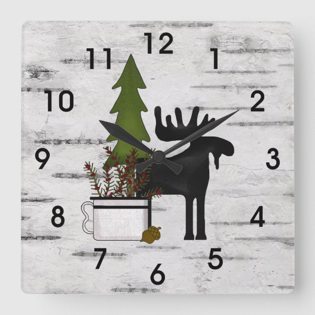 Horloge Carrée Silhouette rustique orignal et arbres sur bouleau (Recto)