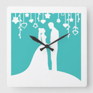 Horloge Carrée Silhouettes Aqua & White Bride et Mariage de chamb
