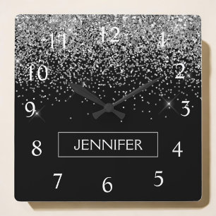 Horloge Carrée Silver Black Parties scintillant Girl Monogramme N