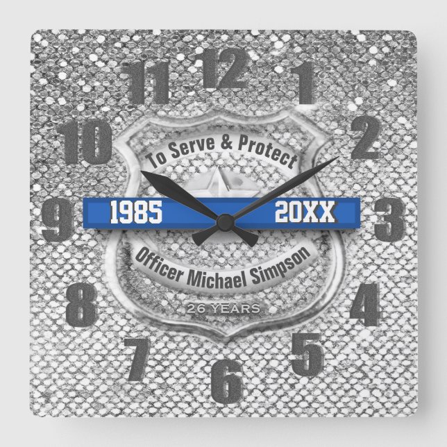 Horloge Carrée Silver Custom Blue Line Police Agent Retraite (Recto)