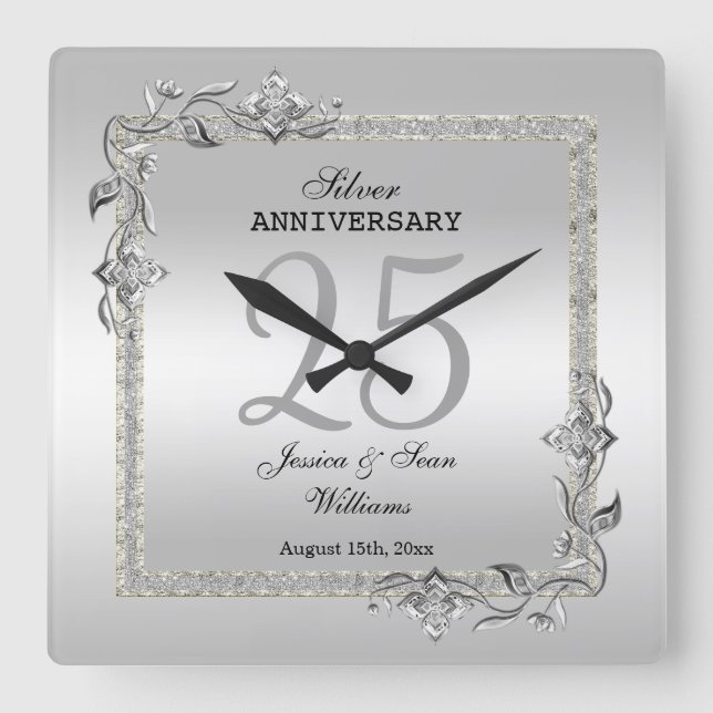 Horloge Carrée Silver Gem & Glitter 25th Wedding Anniversary (Recto)
