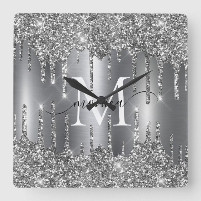 Horloge Carrée Silver Glitter Drips Monogram Personalized (Recto)