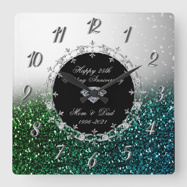 Horloge Carrée Silver Green Glittery 25e anniversaire Mariage (Recto)