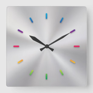 Horloge Carrée Silver Metallic Clock with Colored Face Lines