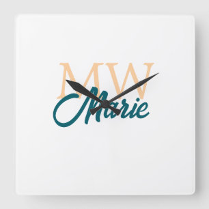 Horloge Carrée simple minimal ajouter nom monogramme orange bleu
