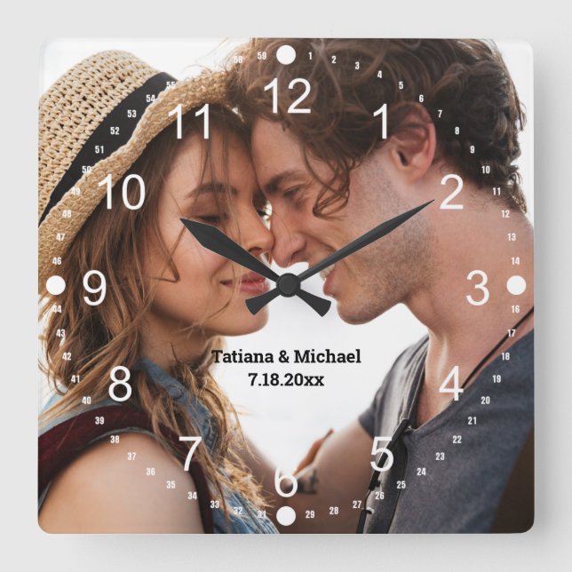 Horloge Carrée simple minimum photo en couple blanc (Recto)