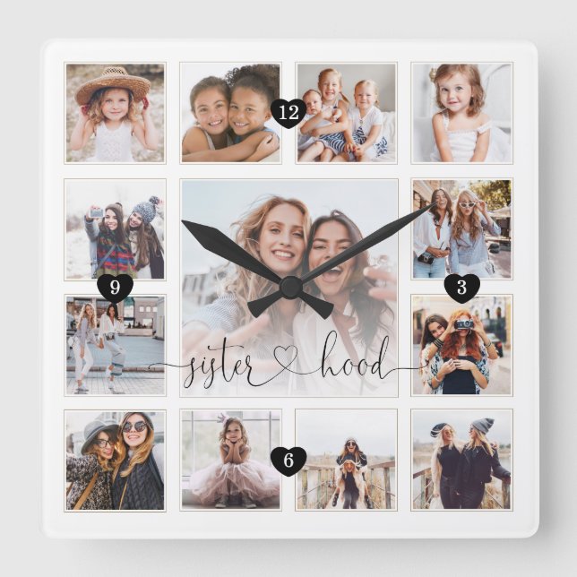 Horloge Carrée Sisterhood Script Family Memory Photo Grid Collage (Recto)