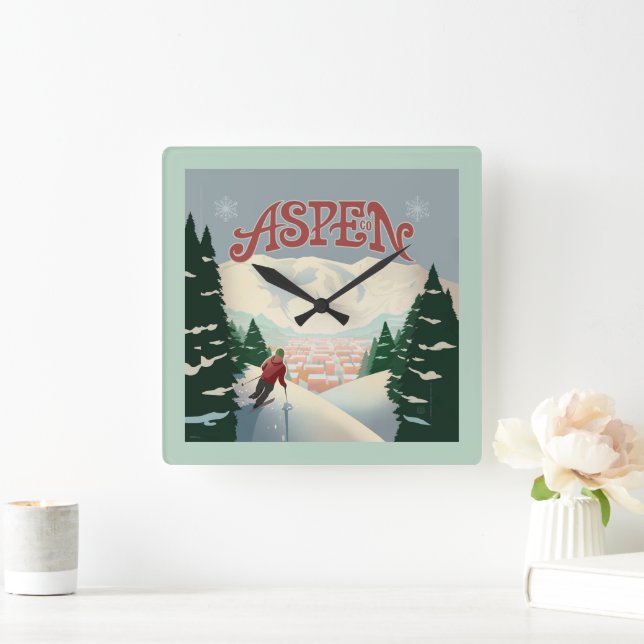 Horloge Carrée Skier d'Aspen | Colorado (Maison)