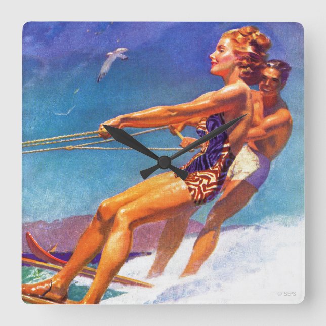 Horloge Carrée Skier nautique par McClelland Barclay (Recto)