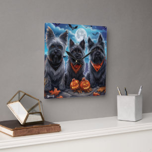 Horloge Carrée Skye Terrier Halloween Épouvantable 