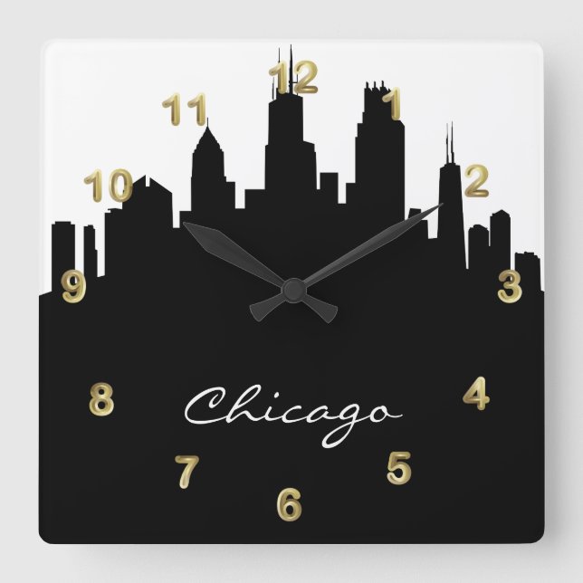 Horloge Carrée Skyline de Chicago noir et blanc (Recto)