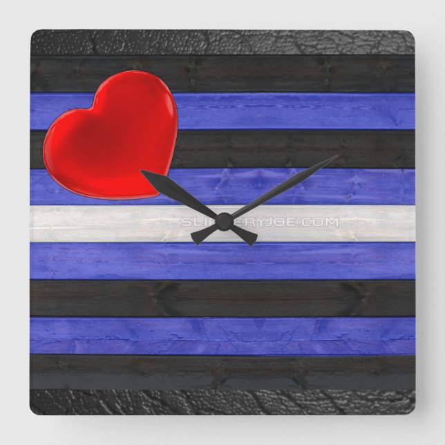 Horloge Carrée SlipperyJoe's cuir drapeau orgueil noir bleu royal (Recto)