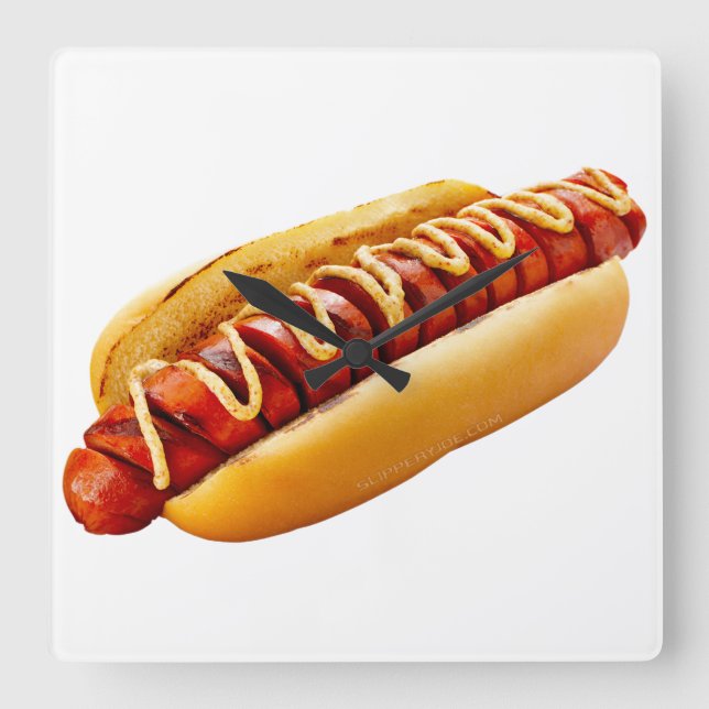 Horloge Carrée SlipperyJoe's hot dog niché doucement pain jaune v (Recto)