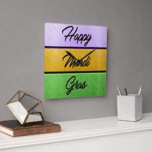 Horloge Carrée SlipperyJoe's Mardi Gras or violet métal vert s