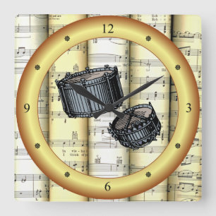 Horloge Carrée Snare Drums ~ RollSheet Music ~ Gold Ring ~ * ~ ~ 