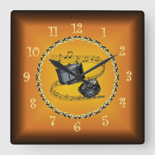 Horloge Carrée Snare Drums Sur Musical Scroll & Russet Orange ~