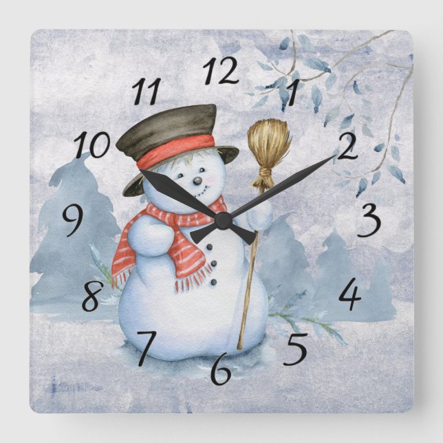 Horloge Carrée Snowman Watercolor Snow (Recto)