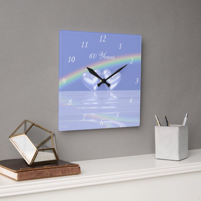 Horloge Carrée soixantième Coeurs de diamant d'anniversaire (Bureau)
