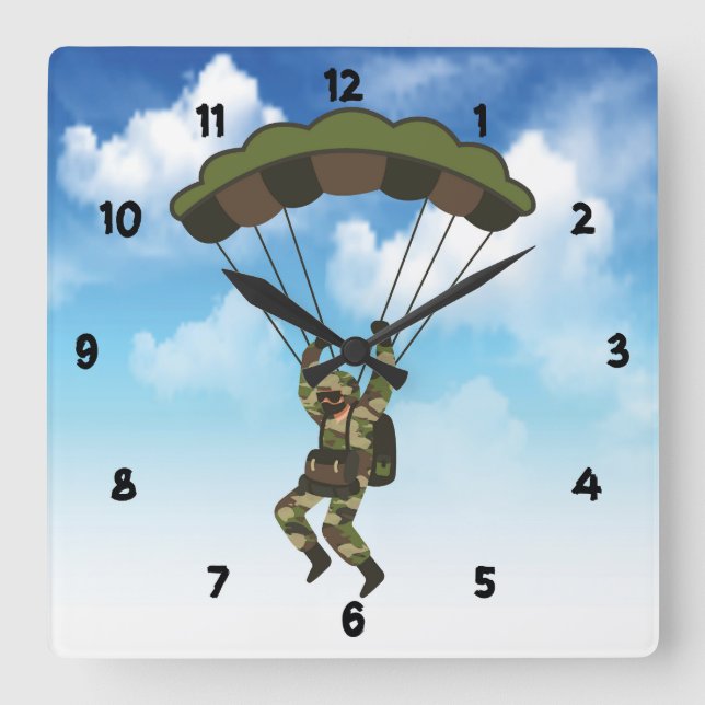 Horloge Carrée Soldat militaire / Parachutiste avec nuages (Recto)