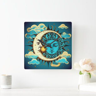 Horloge Carrée Soleil céleste et lune