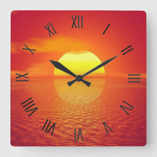 Horloge Carrée  Soleil Jeux Orange Calme Océan Sunset Noir Numéro