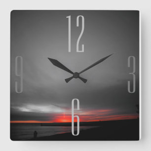 Horloge Carrée Soleil rouge gris noir
